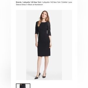 LAFAYETTE 148 NY Collette Leather Trim Lace Sleeve Classic Black Sheath Dress